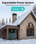 Stone house in snowy forest with visible 12V 100Ah LiFePO4 Deep Cycle Battery Group 31 With 120A BMS setup, expandable power system.