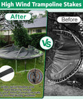 Trampoline Anchors Kit 4 Pack With 18-Inch Ground Stakes securing trampoline vs without in windy conditions, before and after.