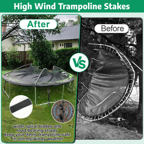 Trampoline Anchors Kit 4 Pack With 18-Inch Ground Stakes securing trampoline vs without in windy conditions, before and after.