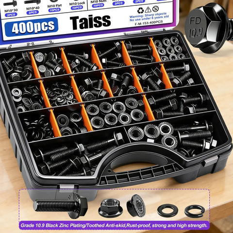 400 Piece Metric Flange Bolt Set With 10.9 Grade M6x1.0 M8x1.25 And M10x1.5 Bolts From 12mm To 45mm Black Zinc Plated in case