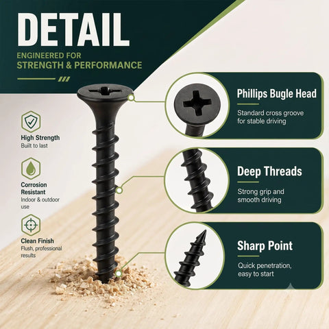 Drywall Screws Assortment Kit 1100 Pieces With Thirteen Sizes Size Six And Size Eight Black Phillips Wood Screws In Two And Three Quarter Inches Two Inches One And One Half Inches One And One Quarter Inches One Inch Three Quarter Inch Five Eighths Inch, black Phillips bugle head