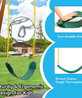 Close-up of 3 Pack Green Swing Seats Heavy Duty 66 Inch Chains Replacement Swing Set Accessories With Snap Hooks shown outdoors.