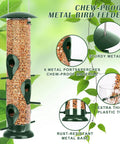 Six Port Metal Bird Feeder For Outdoors Real Sturdy Tube Style Design Heavy Duty Squirrel Proof Lid Weather Resistant Easy Fill And Clean 13 Inch Long Backyard Feeder with metal ports and rust-resistant base.
