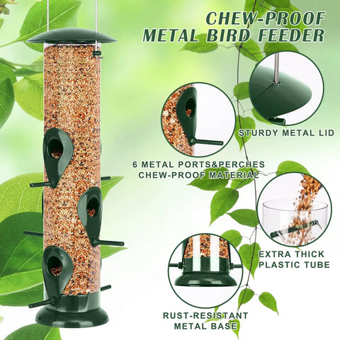 Six Port Metal Bird Feeder For Outdoors Real Sturdy Tube Style Design Heavy Duty Squirrel Proof Lid Weather Resistant Easy Fill And Clean 13 Inch Long Backyard Feeder with metal ports and rust-resistant base.
