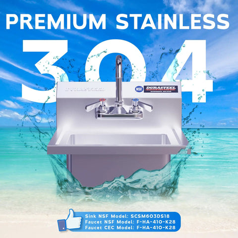 Stainless Steel Wall Mount Hand Sink for Commercial Kitchens and Laundries, 12 By 10 Inch Basin with 5.5 Inch Depth, Premium 304 Stainless