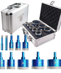 Diamond core drill bit set, 11 pcs blue aluminum bits with triangle shank in a silver carrying case.