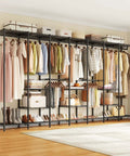 Extra Large Industrial Pipe Clothing Rack With Shelves And Hanging Rods, Portable Freestanding Closet Organizer, 122 Inch Wide Beast Mode Heavy Duty Clothes Rack Max Load 1650 Lbs Black For Laundry Garage Or Walk In Closet with clothes and shoes.