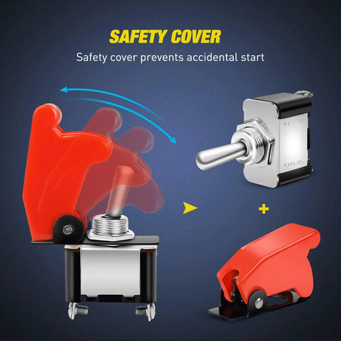 Heavy Duty Rocker Toggle Switch 12V 20A SPST On Off With Red Aircraft Style Safety Cover open and closed view