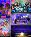 The Galaxy Star Projector For Bedroom 2.0 creating colorful effects in various settings including a game room and car ceiling.