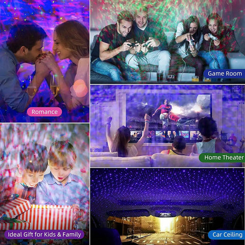 The Galaxy Star Projector For Bedroom 2.0 creating colorful effects in various settings including a game room and car ceiling.
