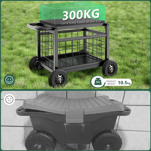 All-In-One Rolling Garden Stool With Wheels, Heavy Duty Outdoor Cart For Yard And Patio, metal design, 300KG load capacity
