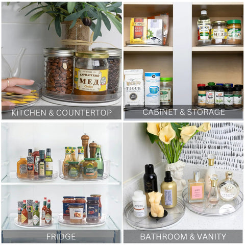 Clear Two Pack Rotating Lazy Susan Organizers With 9 And 10 Inch Countertop Turntables For Kitchen Cabinets Pantry Spice Racks Making Pantry Storage Slick And A Total Breeze On Your Counters in various settings.