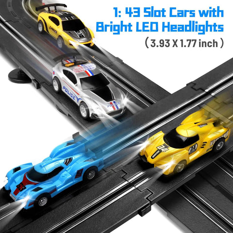 Fast 19 Ft Electric Slot Car Track Set With Bright LED Lights Four Slot Cars Two Hand Controllers And Lap Counters Includes Loop Turns And Crossover For High Speed Racing Fun For Boys Aged 6 To 12 showing four LED slot cars on track