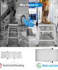 Height Adjustable Work Platform And Folding Aluminum Step Ladder Portable And Lightweight Yet Built Tough With 330 Lb Rating Perfect For Vehicle Washes Window Cleaning Do It Yourself Projects And Maintenance, showing comparison of standing space.