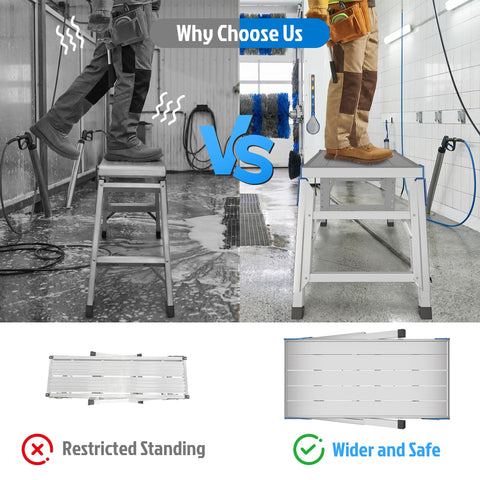 Height Adjustable Work Platform And Folding Aluminum Step Ladder Portable And Lightweight Yet Built Tough With 330 Lb Rating Perfect For Vehicle Washes Window Cleaning Do It Yourself Projects And Maintenance, showing comparison of standing space.