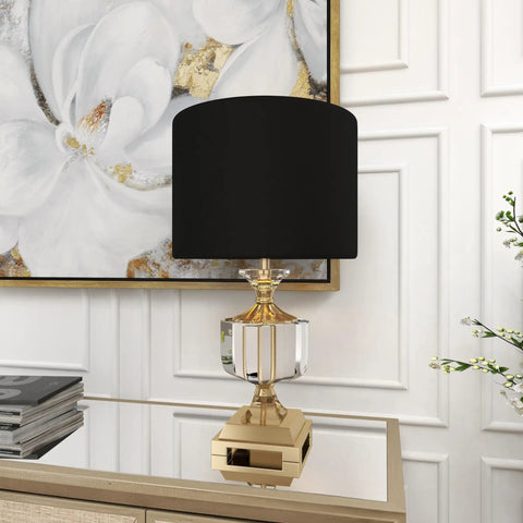 Crystal Accent Table Lamp With Gold Accents, Faux Silk Shade And Iron Base, Black And Gold Glam Lighting For Living Room