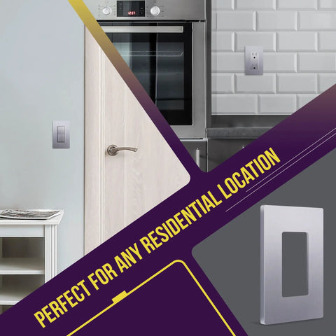 Elite Series Screwless Decorator Wall Plate with Child Safe Outlet Cover in kitchen and living room setting
