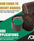 10x21 Triplet Professional Loupe for Jewelry, Coins, Gemstones with leather case, shown open with branding text.