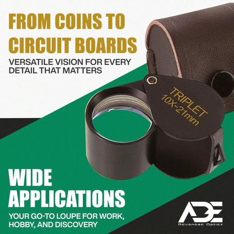 10x21 Triplet Professional Loupe for Jewelry, Coins, Gemstones with leather case, shown open with branding text.