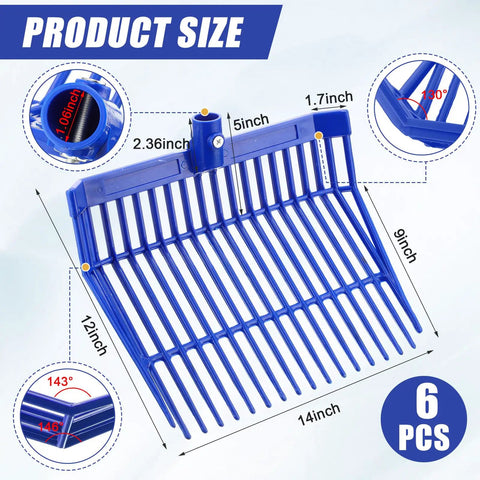 Six Pack Replacement Manure Fork Heads With 18 Tines For Horse Stall Cleanup, Durable ABS Plastic Pitch Forks, Blue Color