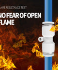 Blue PU Air Hose Three Eighths Inch Outer Diameter, flame resistance test with hose and connector amid flames