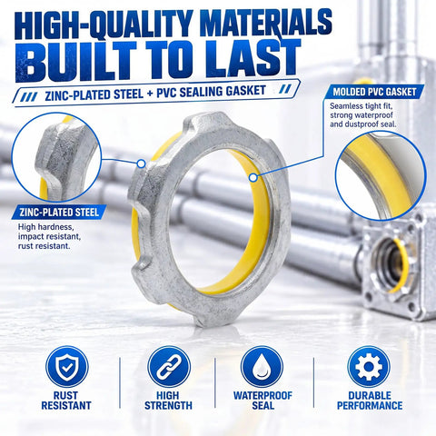 Fifty Count Galvanized Steel Sealing Conduit Locknuts With Molded PVC Gasket For Three Quarter Inch Boxes with serrated edges.