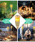 Collage showing Solar Torch Lights With Realistic Flickering Flame Outdoor Yard Path And Patio Decor 4 Pack Waterproof LED Garden Lights With Bamboo Weave in different seasons and settings.