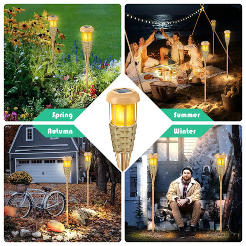 Collage showing Solar Torch Lights With Realistic Flickering Flame Outdoor Yard Path And Patio Decor 4 Pack Waterproof LED Garden Lights With Bamboo Weave in different seasons and settings.