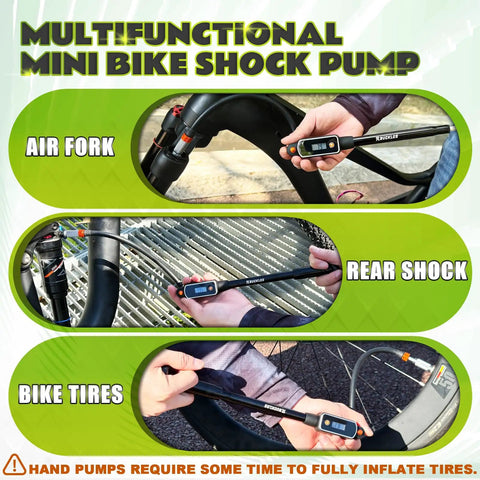 Bike Shock Pump With Digital Gauge, 320 PSI, Leak Proof Presta Valve shown inflating air fork, rear shock, and bike tires.