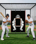 Two players stand next to Heavy Duty Baseball Batting Cage Backstop Cloth With Strike Zone Visual, Weather Resistant Backyard Practice Backdrop 122x183cm