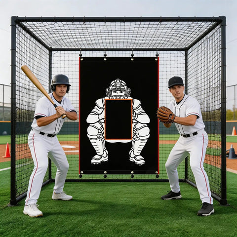 Two players stand next to Heavy Duty Baseball Batting Cage Backstop Cloth With Strike Zone Visual, Weather Resistant Backyard Practice Backdrop 122x183cm