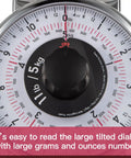 Close-up of large tilted dial on 11Lb Analog Mechanical Kitchen Scale With Stainless Steel Bowl Tare Function Old School Retro Style.