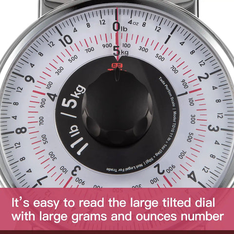 Close-up of large tilted dial on 11Lb Analog Mechanical Kitchen Scale With Stainless Steel Bowl Tare Function Old School Retro Style.