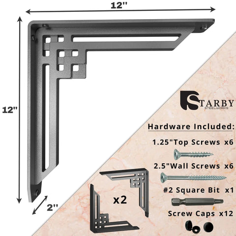 Heavy Duty Shelf Brackets 2 Pack, Tough As Nails Designer Metal Corbels For Mantels, Countertops And Decorative Shelving, 12 X 12 X 2 Inches, Black Wrought Iron Finish, Handles Over 500 Lb Per Pair, Built From American Steel, shown with included hardware and dimensions.