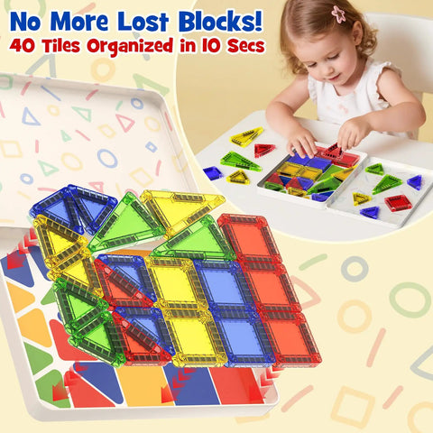 On The Go Magnetic Tiles For Kids 40Pcs STEM Building Blocks in metal travel box with child playing