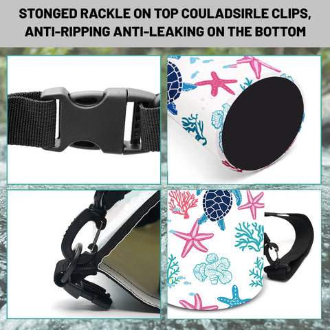 Ultra Dry Roll Top Waterproof Bag For Kayaking And Beach Adventures showing strap, buckle, and Sea Turtle Coral Starfish Pattern details.