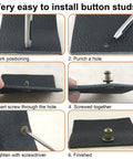 Step-by-step guide showing 75 Pack Round Head Button Studs And Chicago Screws With Sleek Zinc Alloy Heads for easy leather installation.