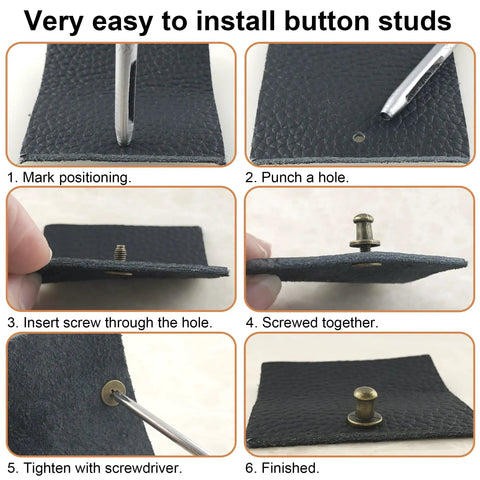 Step-by-step guide showing 75 Pack Round Head Button Studs And Chicago Screws With Sleek Zinc Alloy Heads for easy leather installation.