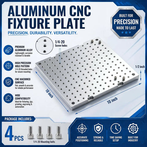 Built Tough 10 By 10 Inch 6061 Aluminum Cnc Fixture Plate Featuring 1/4 20 Threaded Holes for precise machining and secure workholding.