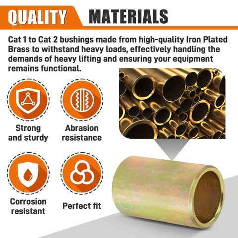 Universal Lower Lift Arm Bushing for Quick Hitch Adapts Cat I to Cat II Implement Linkage No Play Connection Fits Tractor Attachments Replaces Multiple Part Numbers 10 Pieces Set, iron-plated brass bushing