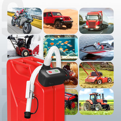Rechargeable Fuel Transfer Pump With Auto Stop Sensor For Fast 3.2 GPM Flow Portable Gas Can Pump in use with various vehicles