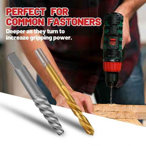 18 Piece Screw Extractor Set With Left Hand Drill Bits with visible drill, extracting broken bolts, and stripped screws in wood