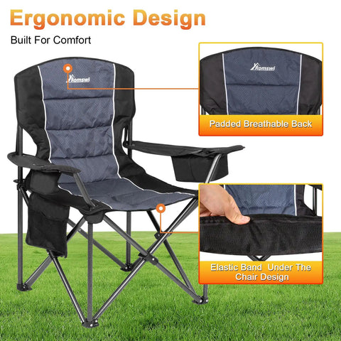 Oversized Camping Chair Set 2 Pack Heavy Duty Folding Chairs Support Up To 500 Lbs with padded back and elastic band shown