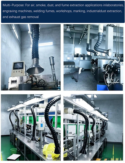 Tough Build Dust Collection Arm With Bendy 360 Degree Swivel Hose For Crowded Shop Welding Smoke Removal And No Sweat Air Filtration Up To Twenty Feet Long in a workshop environment.