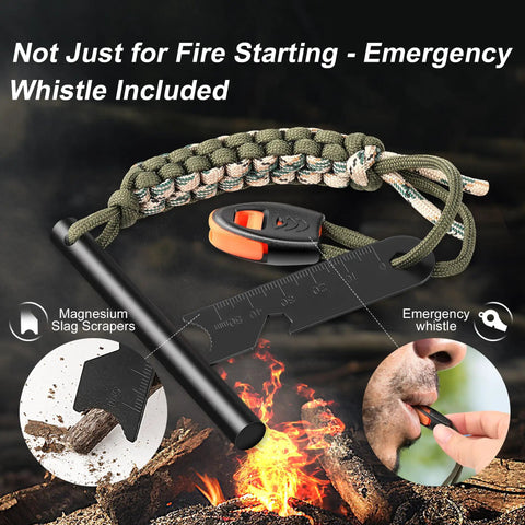 Survival Fire Starter Kit With 4 Inch Ferro Rod For Hiking And Camping, Flint And Steel Fire Starter, paracord lanyard, whistle