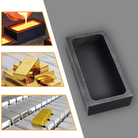 Graphite ingot mold, front view; 4-piece set for metal casting, rectangular 4.01 x 2.01 x 1.01 in.