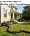 7ft Gutter Downspout Extension Flexible Pipe for Rainwater Drainage, 3 Inch Outer Diameter, Compatible With 2x3 And 3x4 Downspouts, Brown, installed extending from house gutter.