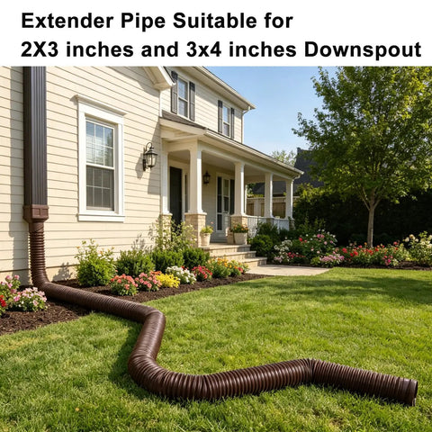 7ft Gutter Downspout Extension Flexible Pipe for Rainwater Drainage, 3 Inch Outer Diameter, Compatible With 2x3 And 3x4 Downspouts, Brown, installed extending from house gutter.