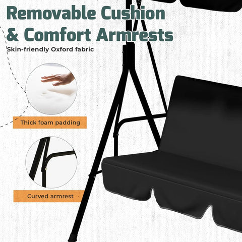 Three Seat Outdoor Porch Swing With Canopy And Cushions For Backyard And Garden Comfort, showing armrests and foam padding