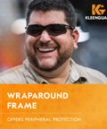 Boss Level Polycarbonate Safety Glasses With Mirror Tinted Smoke Lenses And Matte Black Frame on a smiling man, offering peripheral protection.